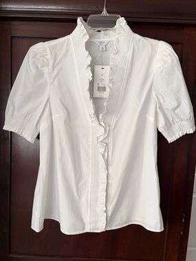 Crown & Ivy White Ruffle-Trim Puff Sleeve Blouse. Size M. Brand new with tags.